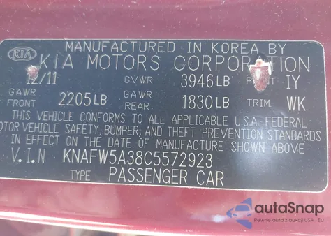 2012 Kia Forte Sx z USA, uszkodzony, nr VIN KNAFW5A38C5572923